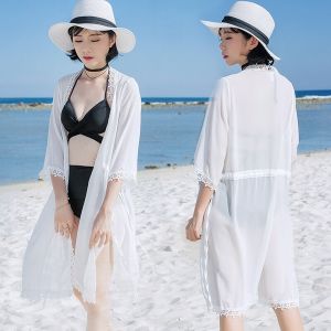 New Thermal Spa Long Sleeve Translucent Sun Protection Shirt Loose Thin Chiffon Cardigan Style Swimming Suit Cover up Outerwear
