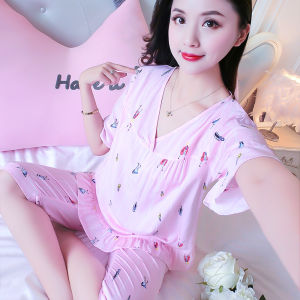 Summer New Arrival Womens Cotton Silk Sleepwear Thin Short Sleeve Long Pants Home Clothes Spring Autumn Seasonal Comfortable Home Fashion