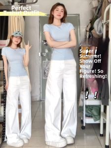 SUHUIQIAN | Blue Pure Cotton Straight Shoulder Slim Fit Tshirt