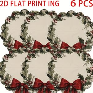VIKAMA 2025 Christmas Table Decor 6-Piece Vintage Wreath Music Note Coaster Set Holiday Party Christmas Gift