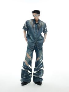 Heavy Industry Hollow out Design Short Sleeve Denim Jacket Mesh Splicing Jeans High Waist Wide Leg Casual Spring Youth Fashion