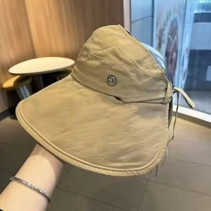 Womens Summer Outdoor Sun Protection Hat Breathable Big Brim Empty Top Hat Face Covering Tie-Back Hair Style Polyester Fiber