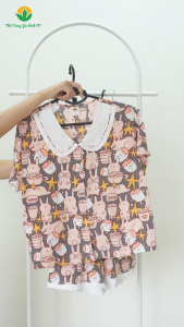 Bộ mặc nhà lanh nữ quần đùi áo cộc tay cổ sen phối họa tiết dễ thương thời trang Việt Thắng B03.5128