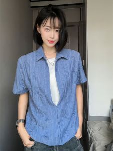 LIUBU | Áo Thun Nam Tay Ngắn Cổ Đậu Họa Tiết Kim Cương Phong Cách Retro