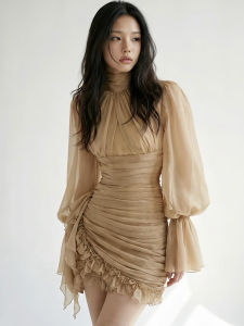 French Style Lantern Sleeve High Neck Irregular Design Slim Dress