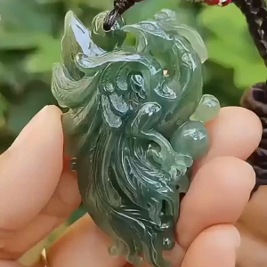 Green High Quality Natural Type A Jadeite Jade New arrival crafted as Phoenix Pendant certificate weighs 32.81 grams measurement 58.6 * 34.5 * 12.3 mm (pendant326)