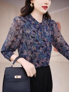 Spring Summer Long Sleeve Womens Base Shirt Beautiful Floral Print Casual Commute Style Loose Fit round Neck Single Button