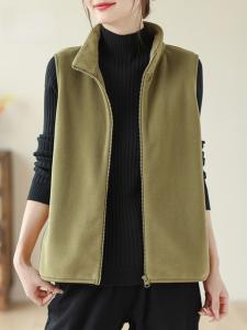 Womens Autumn Winter New Style Fleece Vest Warm Mom Clothes Solid Color Vest Outdoor Casual Shoulder Bared Womens Top