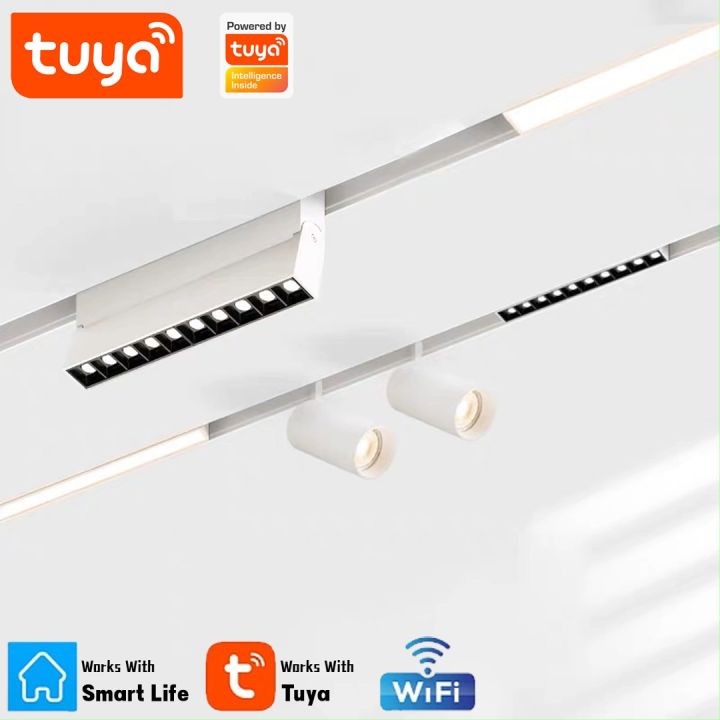 TUYA ไฟเพดาน สมาร์ทสีขาวโคมไฟ Magnetic TRACK Light APP ควบคุมหรี่แสงได้ 48 โวลต์ระบบติดตามแม่เหล็กในร่ม TRACK Light Spotlight