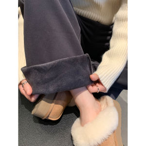 Gray Fleece Lined Thickened Casual Wide Leg Pants High Waist Straight Cut Sports Trousers for Women Autumn Winter New Arrival