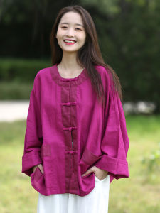 Original Design Loose Cotton Linen Womens Shirt Collar Ethnic Style Long Sleeve round Neck Spring Autumn Color Block Jacket