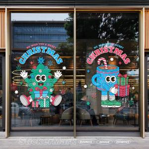 Creative Christmas Cartoon Illustration Glass Sticker Cute Decorations for Restaurant Bakery Cafe Shop And Restaurant