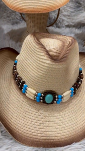 หมวกฟางสานคาวบอย สายคาดหินฟ้าใหญ่ ดีไซน์หรู ใส่แล้วเท่สะดุดตา สไตล์โบฮีเมียนตะวันตก 05-X0E+00HAT07