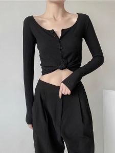 เสื้อยืดคอกลมแขนยาวสั้นสำหรับผู้หญิง ทรงเข้ารูป ทรงเข้ารูป ลายทางแนวตั้ง เสื้อคาร์ดิแกนเปิดหน้ากระดุมเดียว สไตล์สาวฮอตอเมริกัน