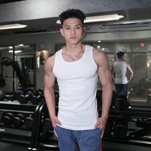 American Style Slim Fit Heavyweight Sports Vest Fitness Sleeveless T-Shirt Mens Trendy Elastic Cotton Base Layer Top
