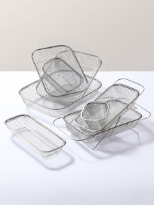 Stainless Steel Metal Mesh Basket Kitchen Vegetable Washing Drain Basket Storage Container Rice Wood Material Sink Accessories
