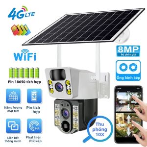 Camera Năng Lượng Mặt Trời Không Dây 8MP 4K Ngoài Trời Hai Ống Kính Hỗ Trợ 4G SIM WiFi IP CCTV An Ninh Tích Hợp Cảm Biến Chuyển Động PIR Tầm Nhìn Ban Đêm Giám Sát V380 Pro
