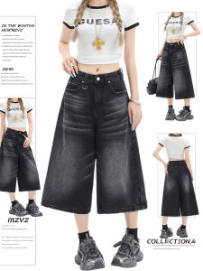 MZVZ | Womens Retro Black and Grey Denim Wide Leg 3/4 Pants
