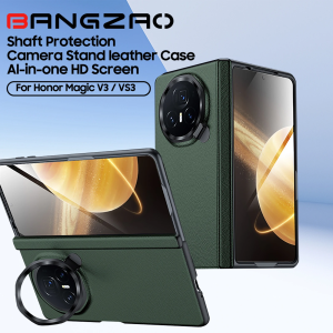 for Honor Magic V3 Leather Protective CaseCamera standIntegrated HD protective filmRotary shaft protection Phone Case-Green