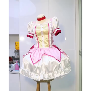 Anime Puella Magi Madoka Magica Cosplay Costume Madoka Kaname Full Set Dress with Gloves Socks Headwear Halloween Party Cosplay Outfit Size XS‑XXL