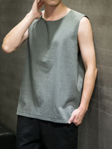 Loose Linen Cotton Summer Thin Sleeveless T-Shirt Mens Fashion Retro Style Breathable Absorbent Sweat Vest No Shoulder Pads