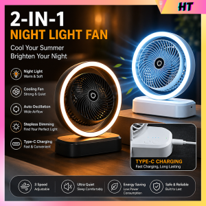 Portable Rechargeable Desk Fan 3 Speed Auto Oscillating Mini Fan with Night Light Type-C Cooling Fan
