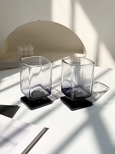 L079 Combo 2 Ly Thủy Tinh Vuông Chân Cao Sang Trọng - Cốc Pha Lê Decor Màu Hổ Phách Khói Đỏ Phong Cách Bắc Âu