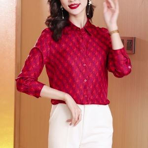 AMMIN 2025 Spring Long Sleeve Rabbit Print Twill Heavy Silk Lapel Shirt Womens Korean Style Single Breasted Plaid plus Size Elegant Blouse
