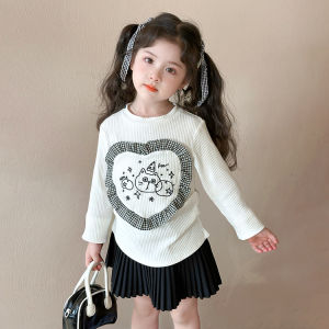 Trendy round Neck Base Shirt for Girls Cartoon Print Versatile Spring Autumn Cotton Long Sleeve Kids Fashionable Bottom Shirt