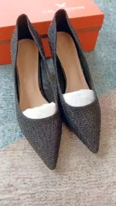 ẢNH THẬT / ĐEN / QCCC - Giày Cao Gót Mũi Nhọn Đính Đá Gót Guốc 5 Phân - HÀNG QUẢNG CHÂU CAO CẤP 6518