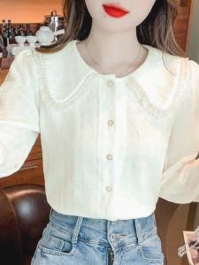 Elegant French Doll Collar Ruffle Sleeve Shirt Womens Fashion Long Three-piece Set Spring 2024 Bubble Sleeve Blouse Ensemble