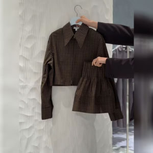 DANTING | Slim Vintage Style Brown Check Shirt Skirt Set Women