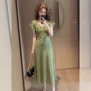 YIKEMAI | Summer New French Green Flounced High Waist Slim Maxi Dress