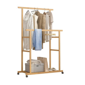 Rolling Clothes Hanging Stand Rack Double-Rod Wooden Garment Stand with Storage Shelf