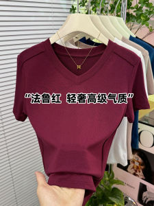 Summer Wine Red V Neck Short Sleeve Fishbone Tops Womens Design Fancy Temperament Wild Stretch Cotton Top T-shirt