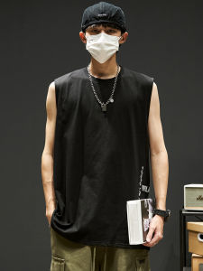 Mens Summer Cotton Sleeveless Fitness Vest Loose Trendy American Letter Print Pure Cotton Shoulder Pad T-Shirt Breathable Moisture-Wicking round Neck Sweatback Tank Top