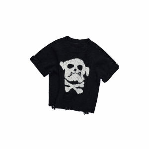 1JINN STUDIO | Original Design Dog Skull Pattern Damage Effect Fitted Style Sweater