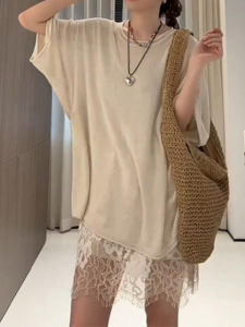 YUEZHONGWEI | Loose Fit French Style Linen Knitwear Top Women Summer Slimming Half Sleeve T-Shirt Casual Round Neck Moisture Wicking