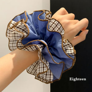 Korean Style Blue Plaid Four Layer Large Hair Ties Womens College Style Hair Accessories Versatile Super Large Hair Bands