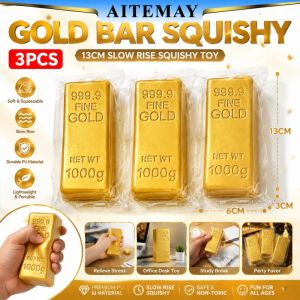 Aitemay 🔥3pcs Realistic Gold Brick Squishy 13x6x3cm Soft Squeeze Anti-Anxiety Toy Safe Non-Toxic For Office Desk Decor