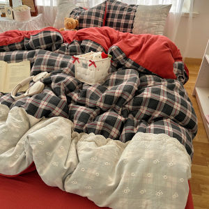 Retro Plaid Bedding Set Lace Trim Single Bedding Duvet Cover Bedding Three-Piece Set Queen Size Bedding Four-Piece Set