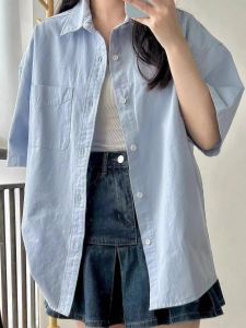 Áo Sơ Mi Cotton Tay Ngắn Mùa Hè Cho Nữ Dáng Rộng Mỏng Màu Trơn Cổ Polo Dài Vừa Phải Chất Liệu Cotton 100%