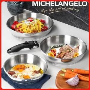 JUSTINLAU | MICHELANGELO 8" & 9.5" & 11" Stainless Steel Frying Pan Set Kitchen Cooking Pans with Removable Handle Induction Compatible