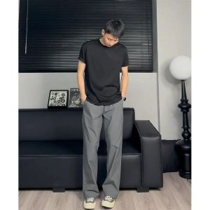 Quick Dry Mens American Style Micro Flared Pants High Waist Straight Leg Casual Trousers Trendy Brand Knife Edge Dark Grey