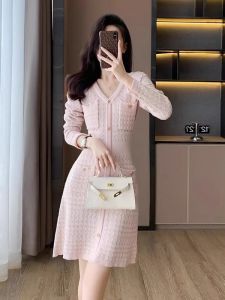 Elegant French Style Knitted Dress V-Neck Slimming A-Line Silhouette High Waist Cotton Soft High Elasticity Autumn Winter New Arrival