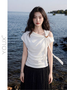 Elegant Dang Collar Draping Strap One-shoulder Slim-fit T-shirt