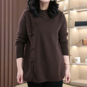 plus Size Womens Knitted Sweater with Button Detail Autumn Winter Slimming Base Layer Shirt Chinese New Style National Trend