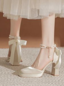 Giày Cao Gót Đế Xuồng Chống Thấm Nước Mary Janes Mũi Vuông Đính Nút Thời Trang Cho Nữ Mùa Hè 2024 Giày Đơn Đế Cao Bằng Da PU