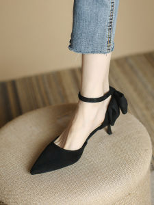 สไตล์ฝรั่งเศส รองเท้าแตะ ผู้หญิง ส้นบาง ฤดูร้อน ผีเสื้อปม โบว์ รองเท้าส้นสูงหัวแหลม 7 ซม. ส้นกลางมีฝาปิดรองเท้าเดี่ยว