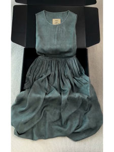 YUFUQING | Green Cotton Lin Dress Korean Style Commute Sleeveless Gathered Waist H-Line Summer Long Skirt Round Neck Single Piece